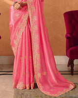 Vishal Prints Hot Pink Designer Crushed Tissue Saree With Diamond Work And Cut Work Embroidery Border