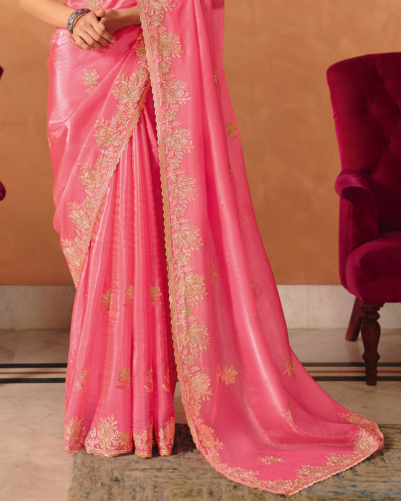 Vishal Prints Hot Pink Designer Crushed Tissue Saree With Diamond Work And Cut Work Embroidery Border