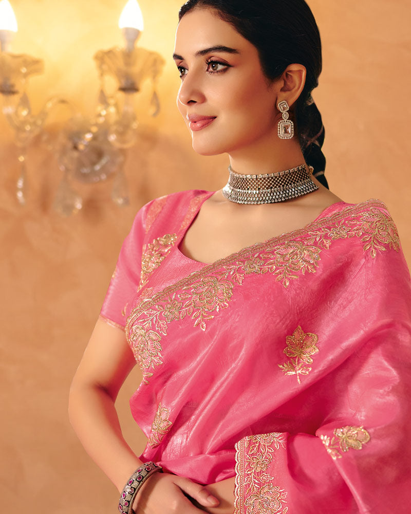 Vishal Prints Hot Pink Designer Crushed Tissue Saree With Diamond Work And Cut Work Embroidery Border