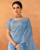 Vishal Prints Electric Blue Designer Crushed Tissue Saree With Diamond Work And Cut Work Embroidery Border