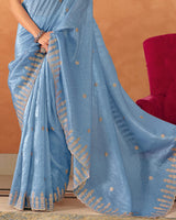 Vishal Prints Electric Blue Designer Crushed Tissue Saree With Diamond Work And Cut Work Embroidery Border