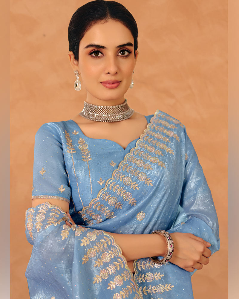 Vishal Prints Electric Blue Designer Crushed Tissue Saree With Diamond Work And Cut Work Embroidery Border