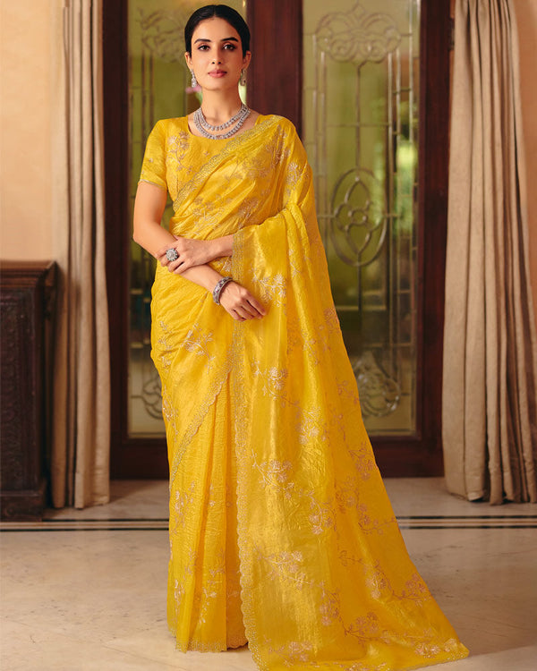 Vishal Prints Mustard Designer Crushed Tissue Saree With Diamond Work And Cut Work Embroidery Border
