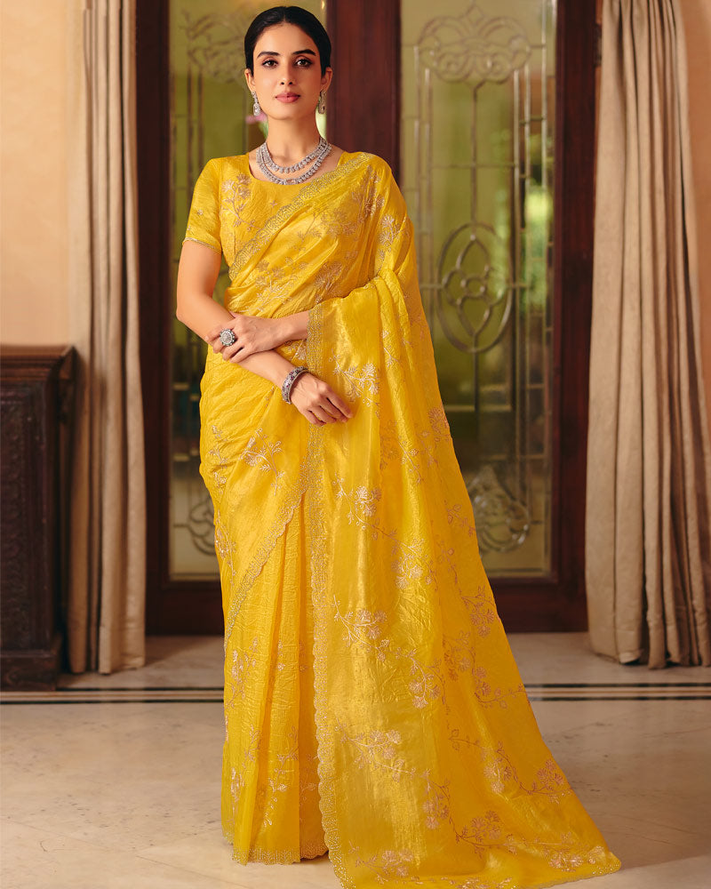 Vishal Prints Mustard Designer Crushed Tissue Saree With Diamond Work And Cut Work Embroidery Border