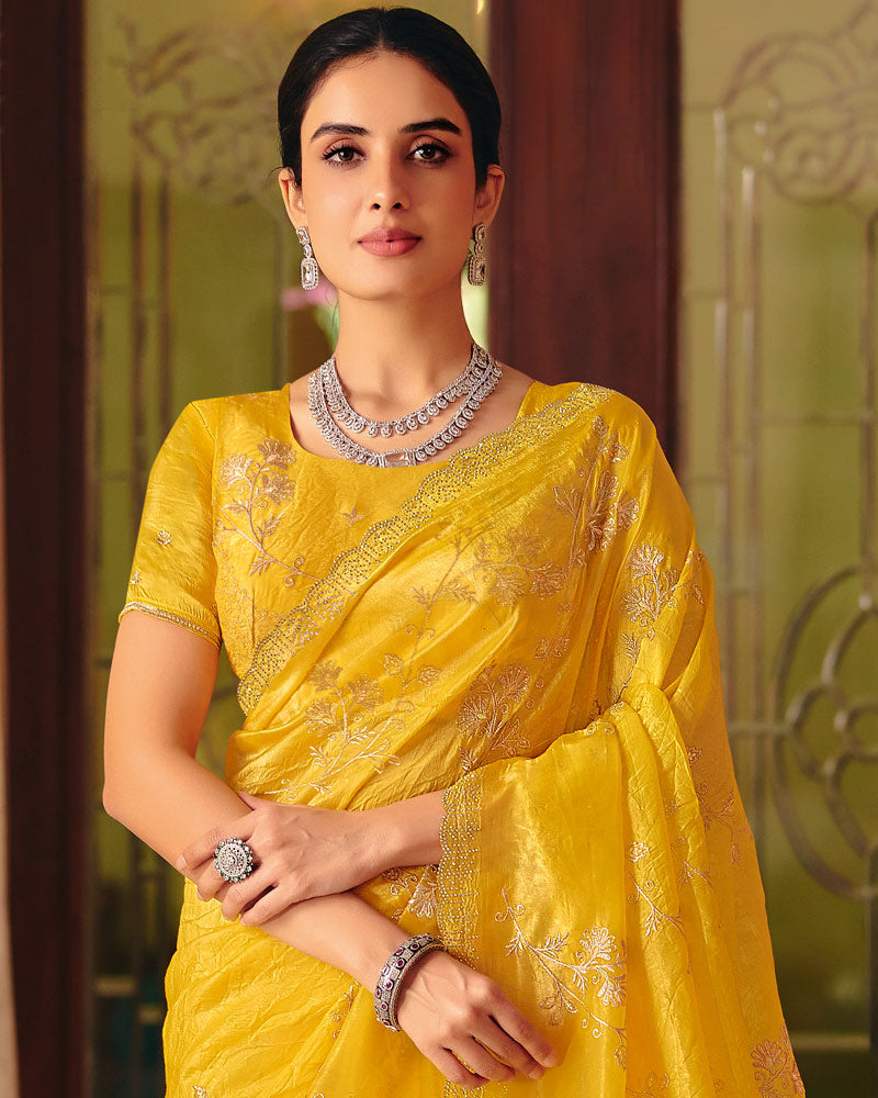 Vishal Prints Mustard Designer Crushed Tissue Saree With Diamond Work And Cut Work Embroidery Border