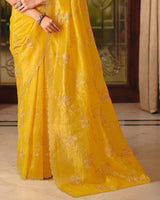 Vishal Prints Mustard Designer Crushed Tissue Saree With Diamond Work And Cut Work Embroidery Border