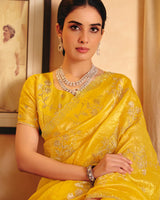 Vishal Prints Mustard Designer Crushed Tissue Saree With Diamond Work And Cut Work Embroidery Border