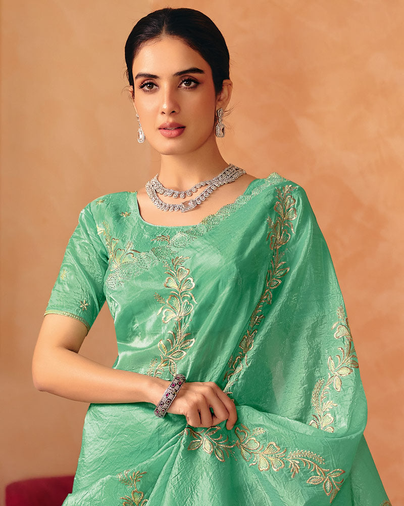 Vishal Prints Mint Green Designer Crushed Tissue Saree With Diamond Work And Cut Work Embroidery Border
