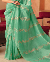 Vishal Prints Mint Green Designer Crushed Tissue Saree With Diamond Work And Cut Work Embroidery Border