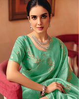 Vishal Prints Mint Green Designer Crushed Tissue Saree With Diamond Work And Cut Work Embroidery Border