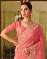 Vishal Prints Fushia Peach Designer Crushed Tissue Saree With Diamond Work And Cut Work Embroidery Border