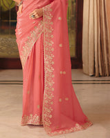 Vishal Prints Fushia Peach Designer Crushed Tissue Saree With Diamond Work And Cut Work Embroidery Border
