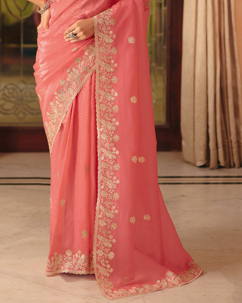 Vishal Prints Fushia Peach Designer Crushed Tissue Saree With Diamond Work And Cut Work Embroidery Border