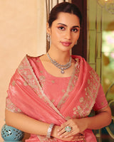 Vishal Prints Fushia Peach Designer Crushed Tissue Saree With Diamond Work And Cut Work Embroidery Border