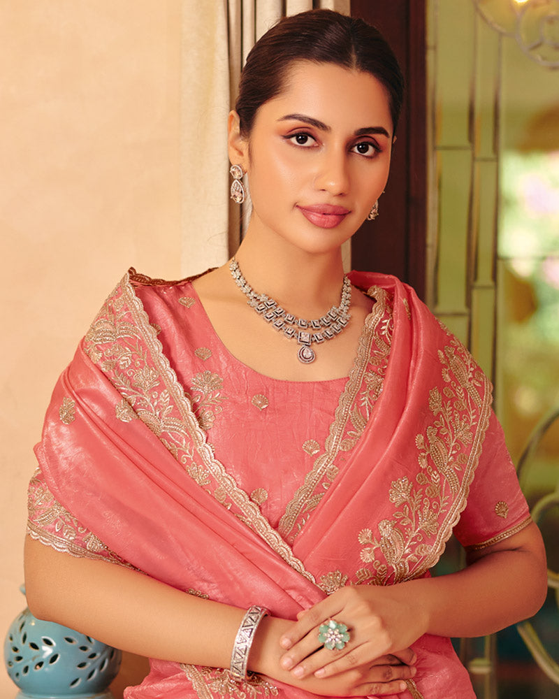 Vishal Prints Fushia Peach Designer Crushed Tissue Saree With Diamond Work And Cut Work Embroidery Border