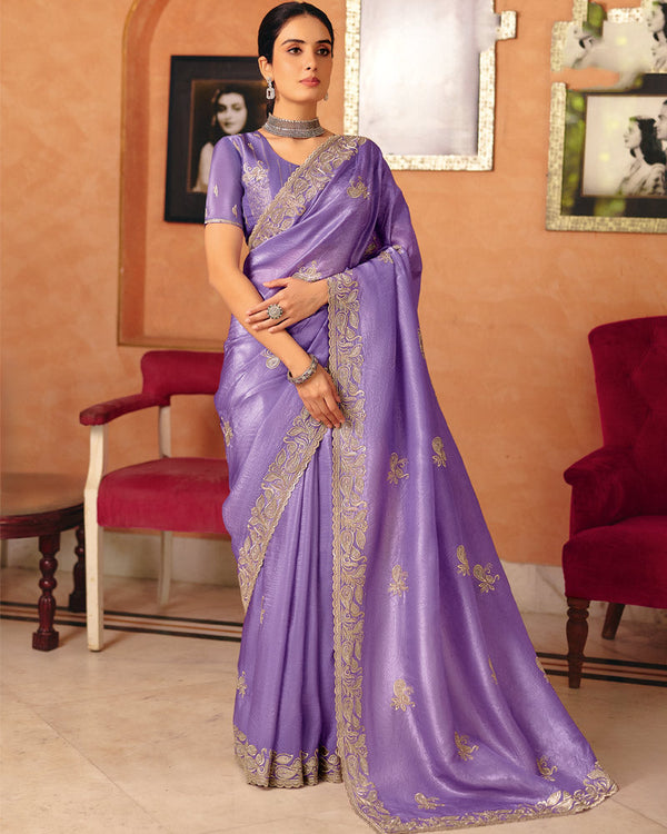 Vishal Prints Lilac Lavender Designer Crushed Tissue Saree With Diamond Work And Cut Work Embroidery Border