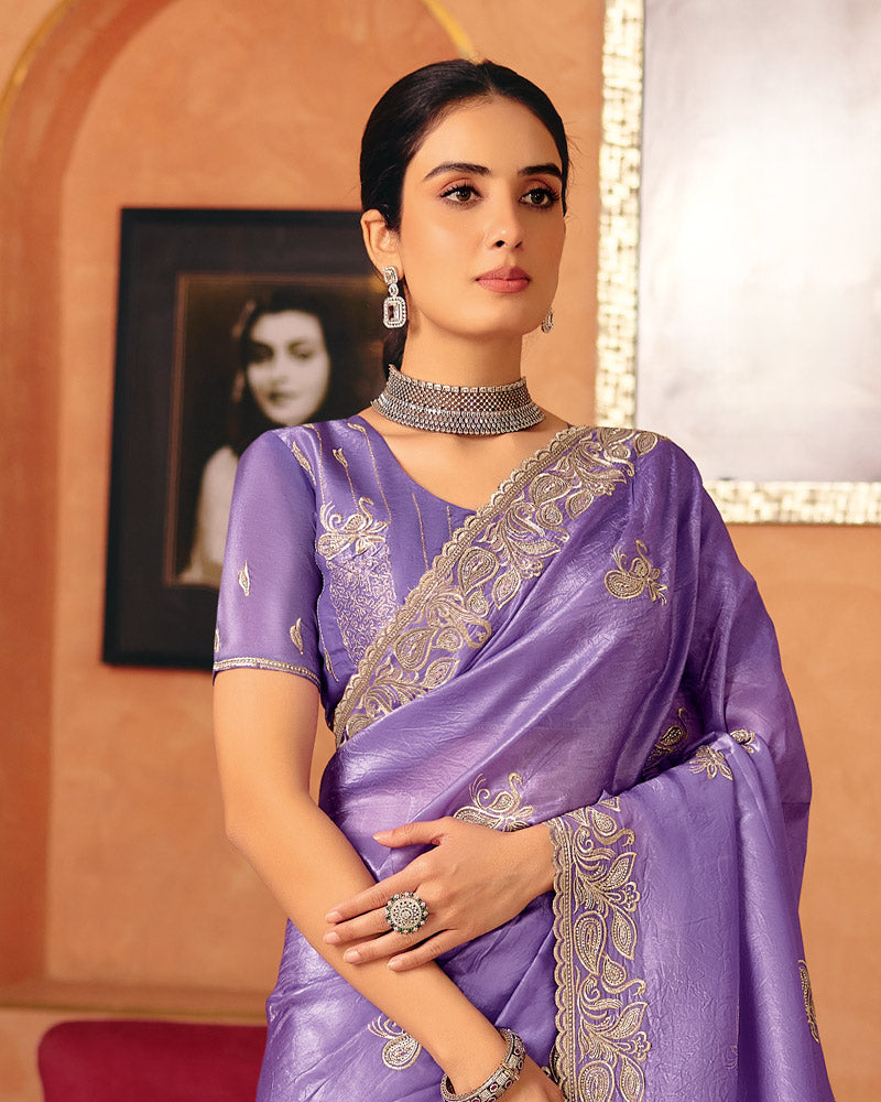 Vishal Prints Lilac Lavender Designer Crushed Tissue Saree With Diamond Work And Cut Work Embroidery Border
