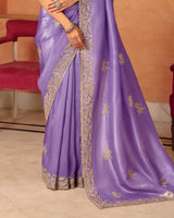 Vishal Prints Lilac Lavender Designer Crushed Tissue Saree With Diamond Work And Cut Work Embroidery Border