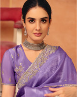 Vishal Prints Lilac Lavender Designer Crushed Tissue Saree With Diamond Work And Cut Work Embroidery Border