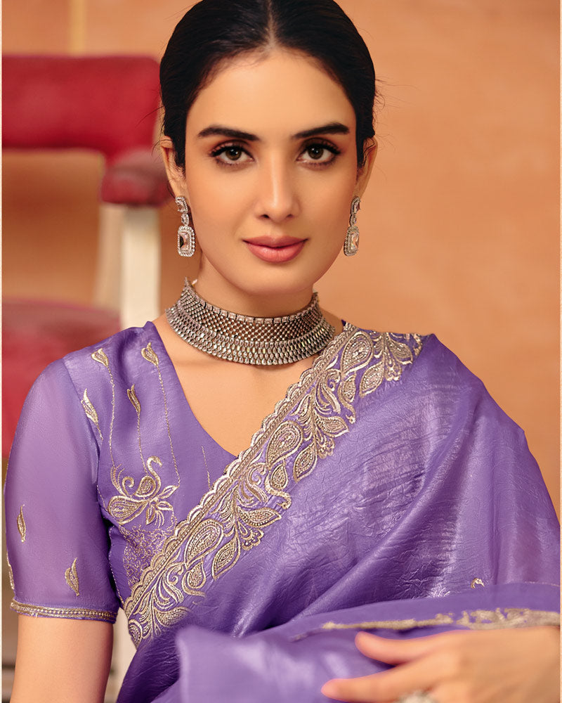 Vishal Prints Lilac Lavender Designer Crushed Tissue Saree With Diamond Work And Cut Work Embroidery Border