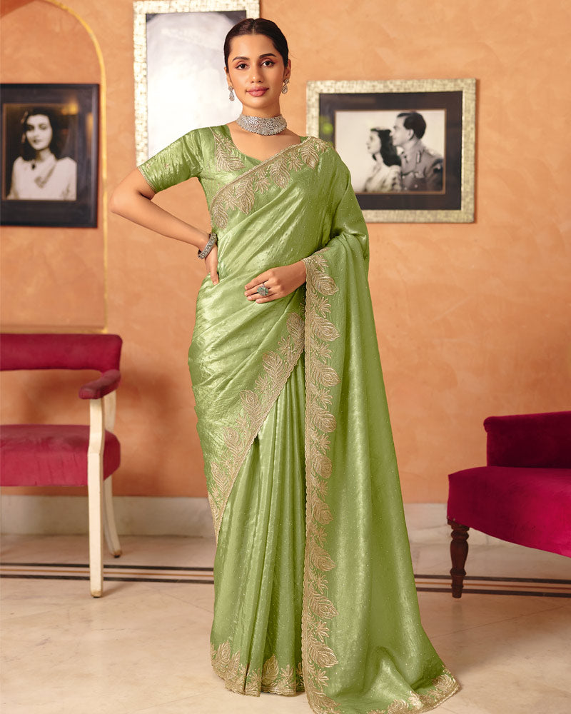 Vishal Prints Pistachio Green Designer Crushed Tissue Saree With Diamond Work And Cut Work Embroidery Border