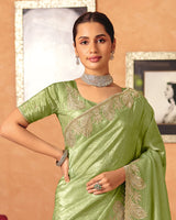 Vishal Prints Pistachio Green Designer Crushed Tissue Saree With Diamond Work And Cut Work Embroidery Border