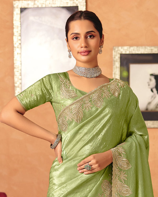 Vishal Prints Pistachio Green Designer Crushed Tissue Saree With Diamond Work And Cut Work Embroidery Border
