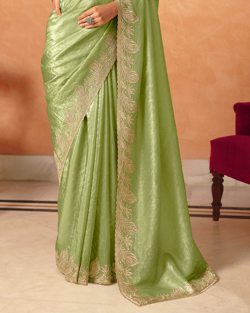 Vishal Prints Pistachio Green Designer Crushed Tissue Saree With Diamond Work And Cut Work Embroidery Border