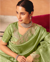 Vishal Prints Pistachio Green Designer Crushed Tissue Saree With Diamond Work And Cut Work Embroidery Border