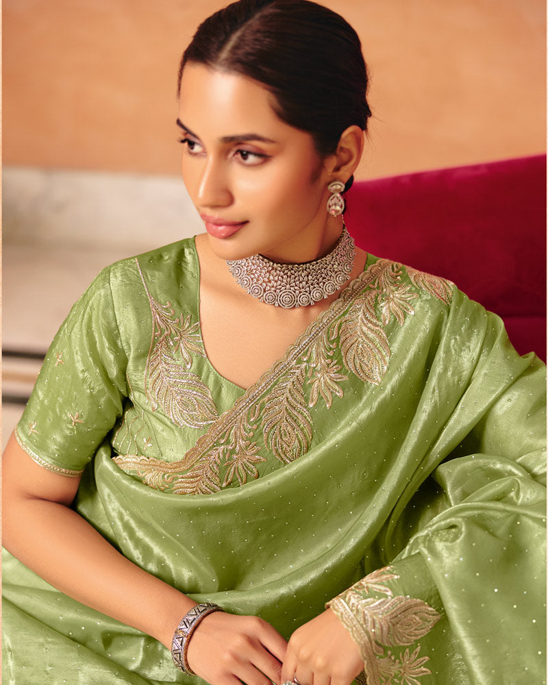 Vishal Prints Pistachio Green Designer Crushed Tissue Saree With Diamond Work And Cut Work Embroidery Border