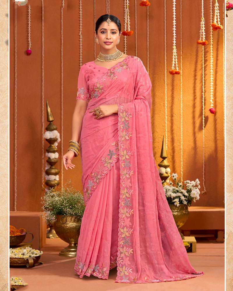 Rosy Pink Designer Fancy Chiffon Saree With Multi Embroidery-Diamond Work And Cut Work Border