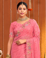 Rosy Pink Designer Fancy Chiffon Saree With Multi Embroidery-Diamond Work And Cut Work Border