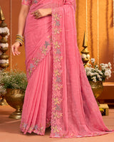 Rosy Pink Designer Fancy Chiffon Saree With Multi Embroidery-Diamond Work And Cut Work Border