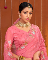 Rosy Pink Designer Fancy Chiffon Saree With Multi Embroidery-Diamond Work And Cut Work Border
