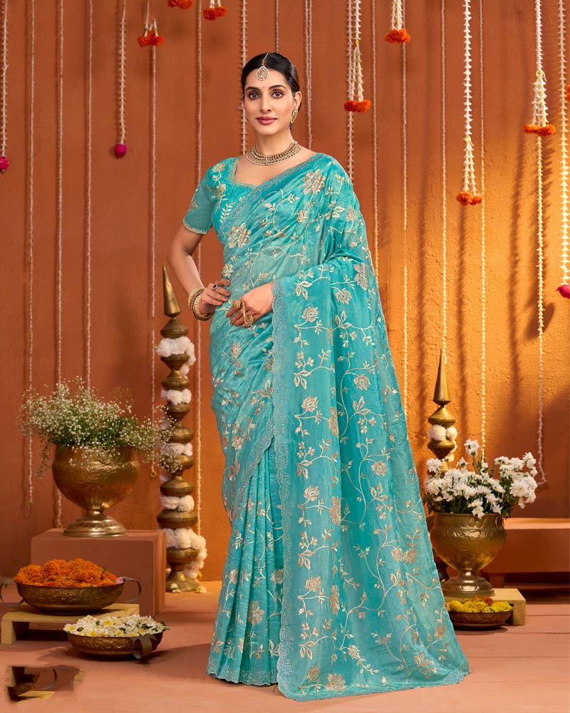 Fountain Blue Designer Gold Crush Saree With Embroidery-Diamond Work And Cut Work Border