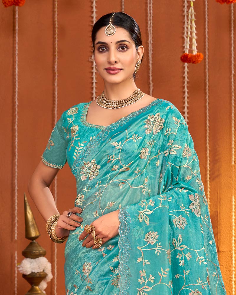 Fountain Blue Designer Gold Crush Saree With Embroidery-Diamond Work And Cut Work Border