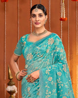 Fountain Blue Designer Gold Crush Saree With Embroidery-Diamond Work And Cut Work Border