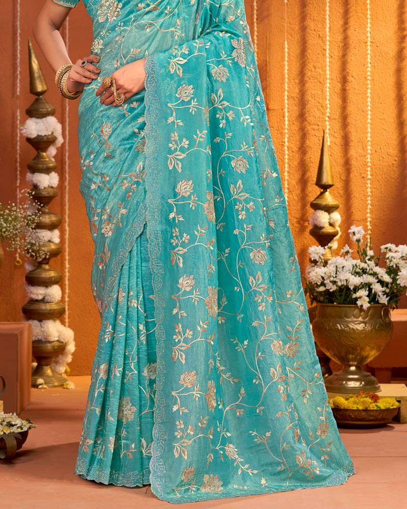 Fountain Blue Designer Gold Crush Saree With Embroidery-Diamond Work And Cut Work Border