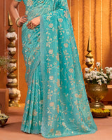 Fountain Blue Designer Gold Crush Saree With Embroidery-Diamond Work And Cut Work Border