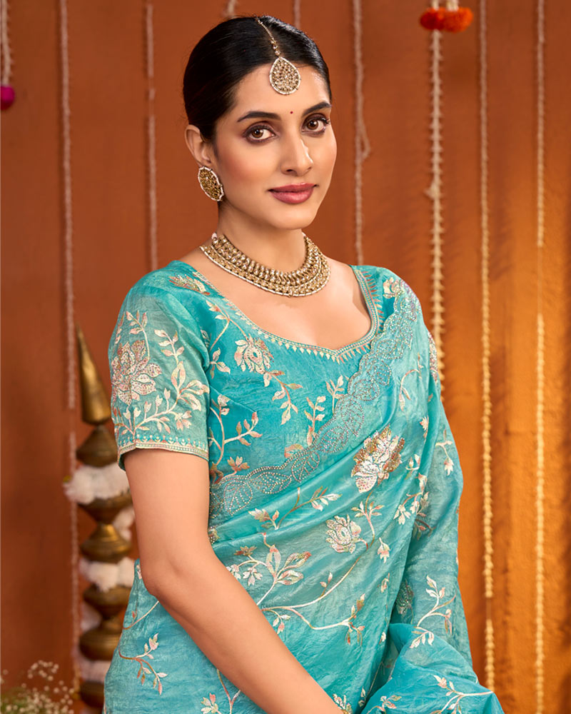 Fountain Blue Designer Gold Crush Saree With Embroidery-Diamond Work And Cut Work Border