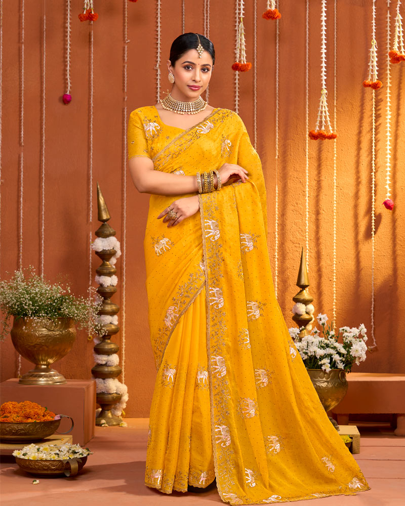 Orangey Yellow Designer Fancy Chiffon Saree With Zari Embroidery-Diamond Work And Cut Work Border