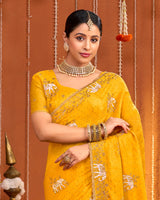 Orangey Yellow Designer Fancy Chiffon Saree With Zari Embroidery-Diamond Work And Cut Work Border