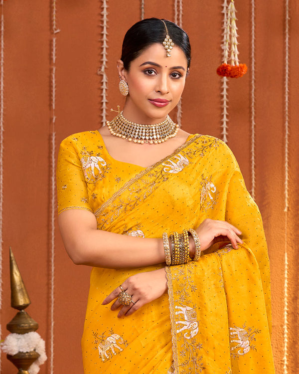 Orangey Yellow Designer Fancy Chiffon Saree With Zari Embroidery-Diamond Work And Cut Work Border