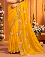 Orangey Yellow Designer Fancy Chiffon Saree With Zari Embroidery-Diamond Work And Cut Work Border