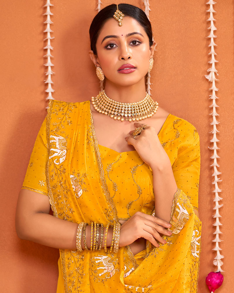 Orangey Yellow Designer Fancy Chiffon Saree With Zari Embroidery-Diamond Work And Cut Work Border