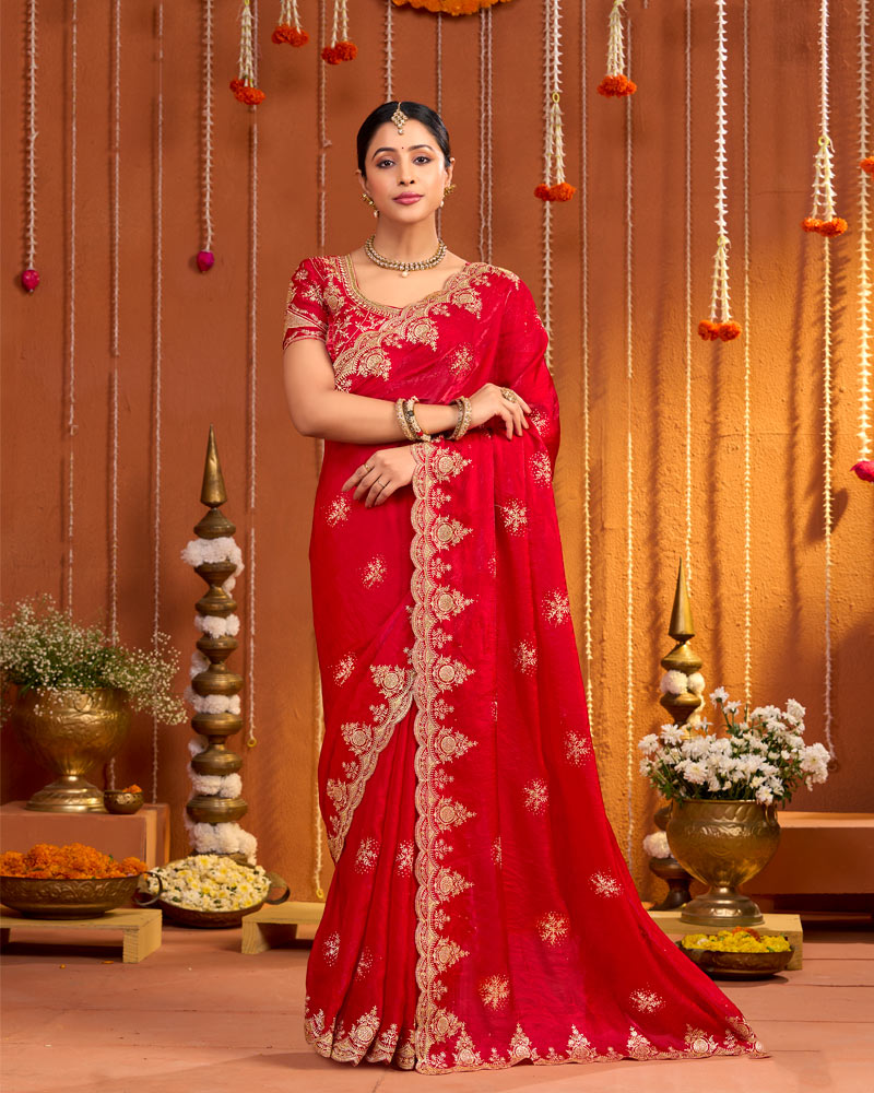 Venetian Red Designer Fancy Satin Saree With Zari Embroidery-Diamond Work And Cut Work Border