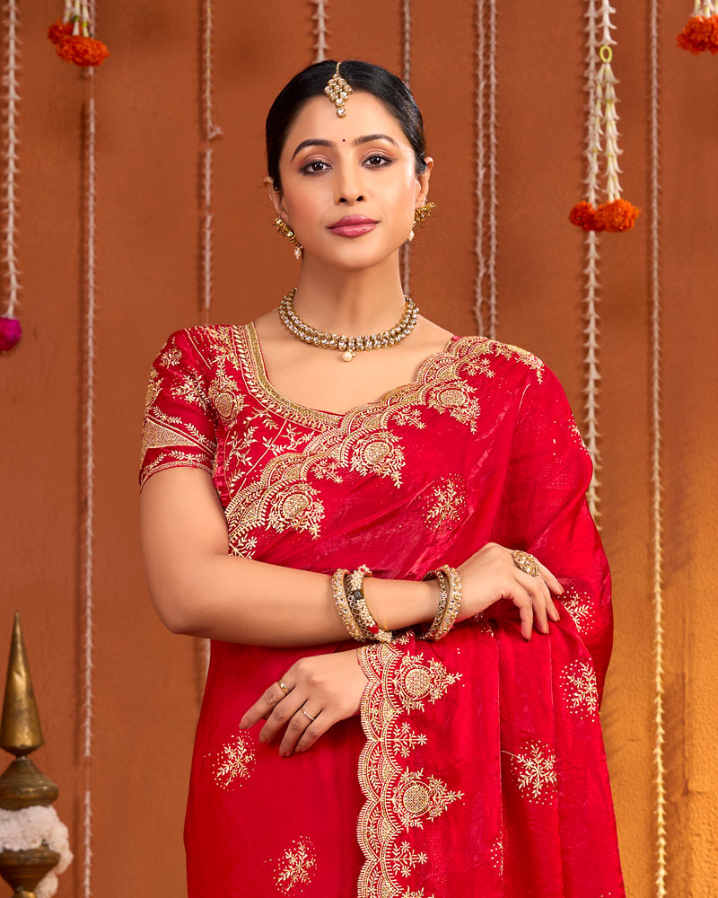 Venetian Red Designer Fancy Satin Saree With Zari Embroidery-Diamond Work And Cut Work Border