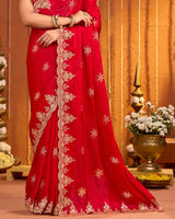 Venetian Red Designer Fancy Satin Saree With Zari Embroidery-Diamond Work And Cut Work Border