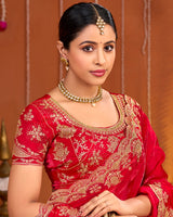Venetian Red Designer Fancy Satin Saree With Zari Embroidery-Diamond Work And Cut Work Border