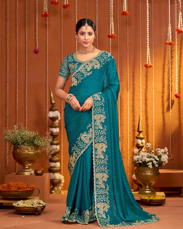 Peacock Blue Designer Fancy Chiffon Saree With Zari Embroidery-Diamond Work And Cut Work Border